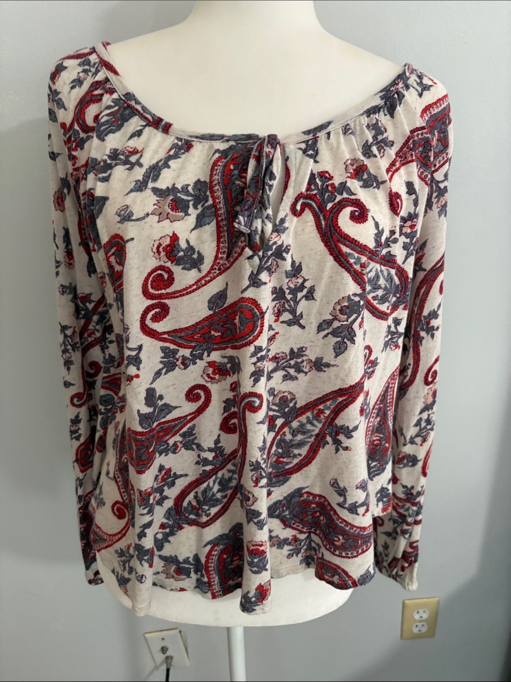 Women's Paisley Tie-Neck Top in Red and Gray